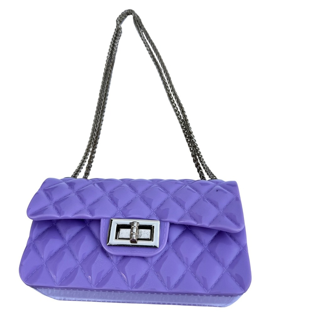 Quilted Crossbody Bag Womens Small Purple PVC Chain Strap Shoulder Turn Lock - Picture 1 of 9